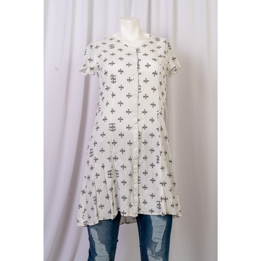 Junkfood Women Small White Short Sleeve Button Shirt Dress Tie Waist EUC Blondie